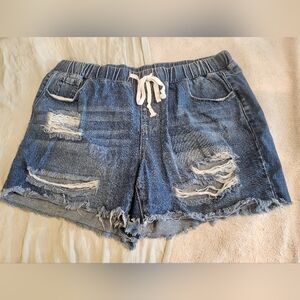 YMI Dream 1X Blue Distressed Jean Shorts w/ Raw Hem Elastic Drawstring Waistband